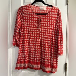 CHICO'S Sz 2 (LARGE) Polka Dot Print Sheer Tunic Top Pink Ivory Knit Nylon